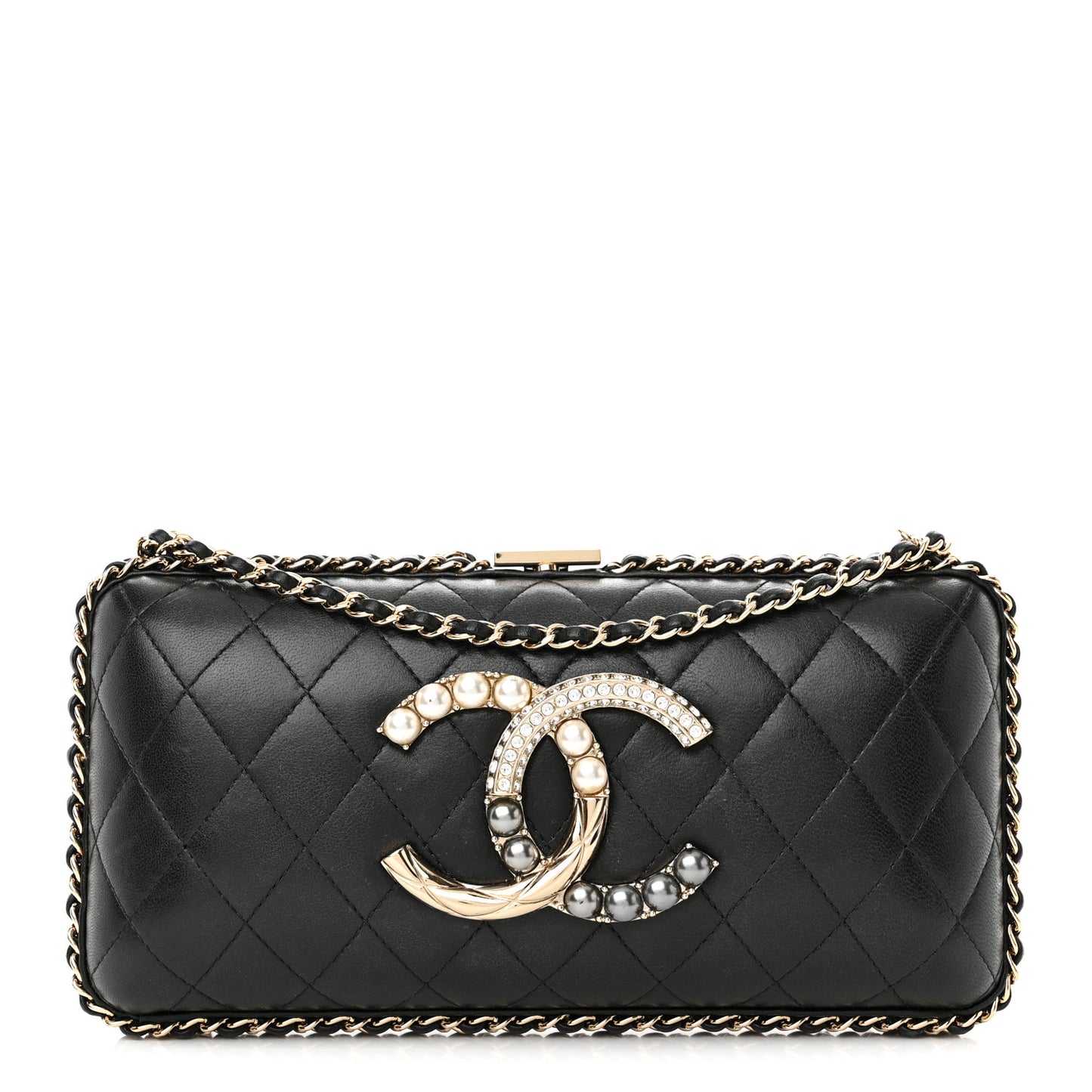Lambskin Quilted Pearl Crystal Chain Around Clutch Black