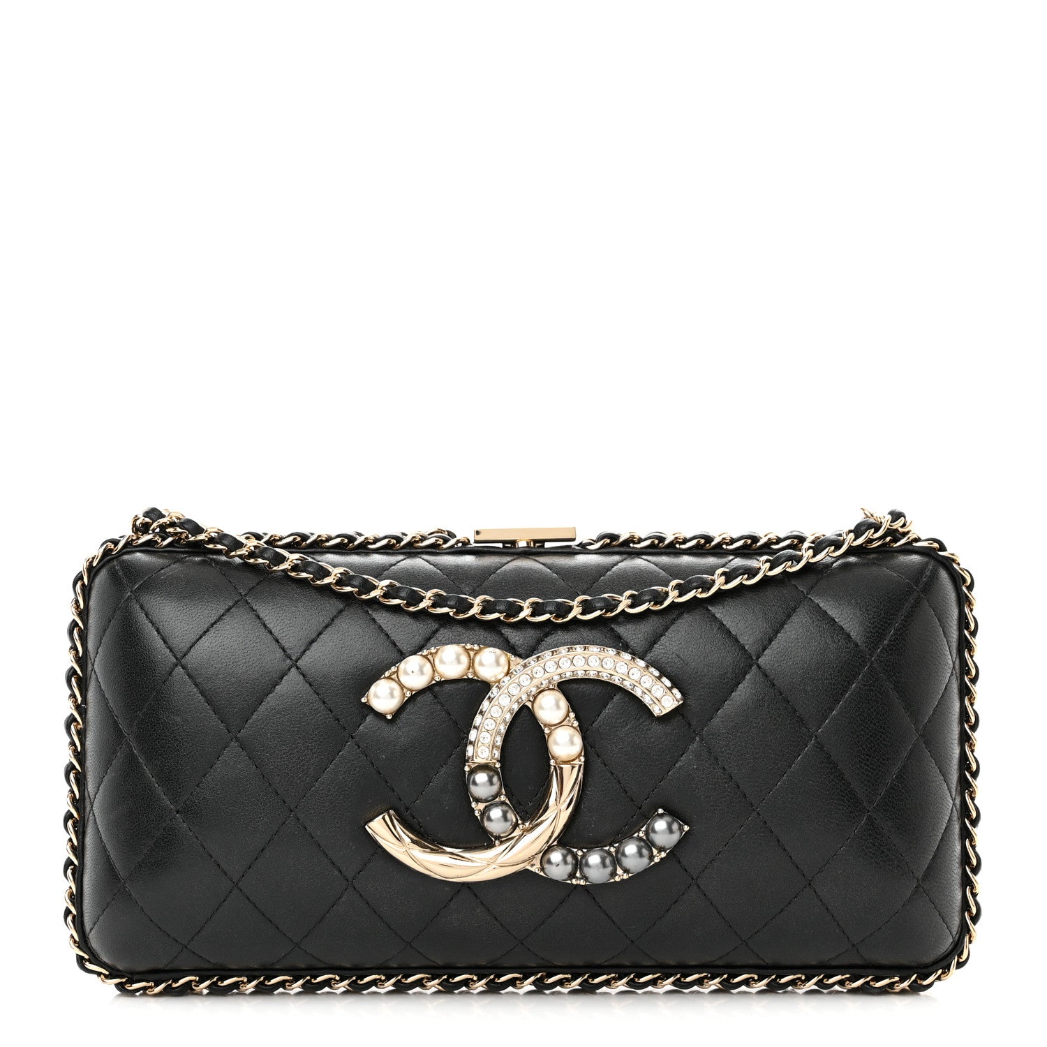 Chanel Lambskin Quilted Pearl Crystal Chain Around Clutch Black 1 of 20