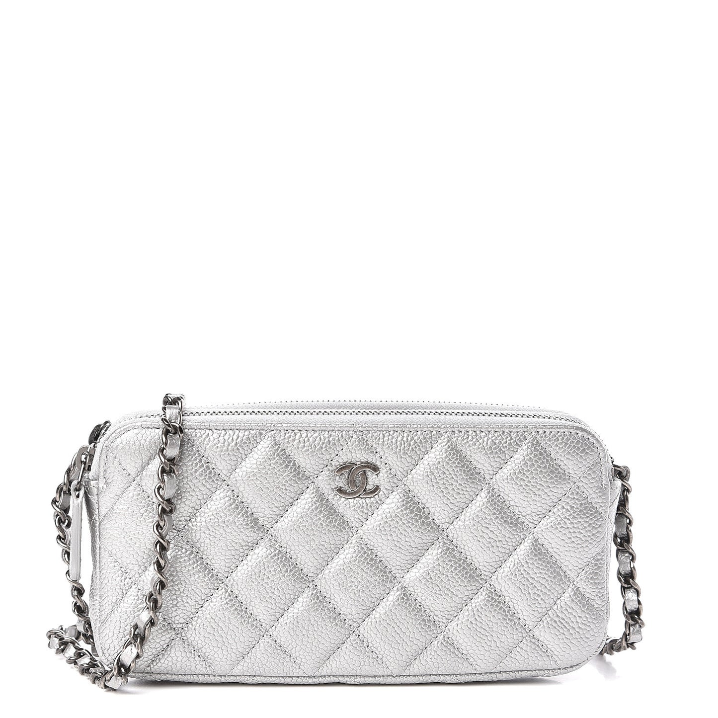 Metallic Caviar Quilted Small Clutch With Chain Silver
