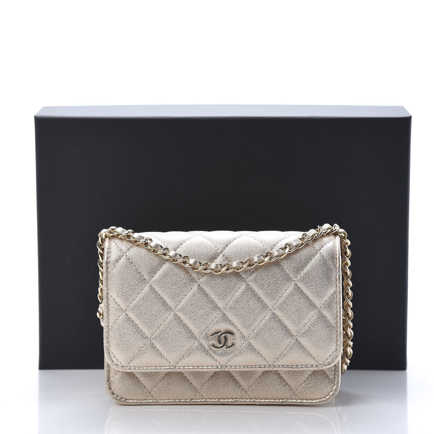 Metallic Lambskin Quilted Mini Wallet On Chain WOC Gold