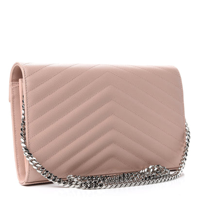 Saint Laurent Grain De Poudre Matelasse Chevron Monogram Chain Wallet Pale Pink 3 of 7