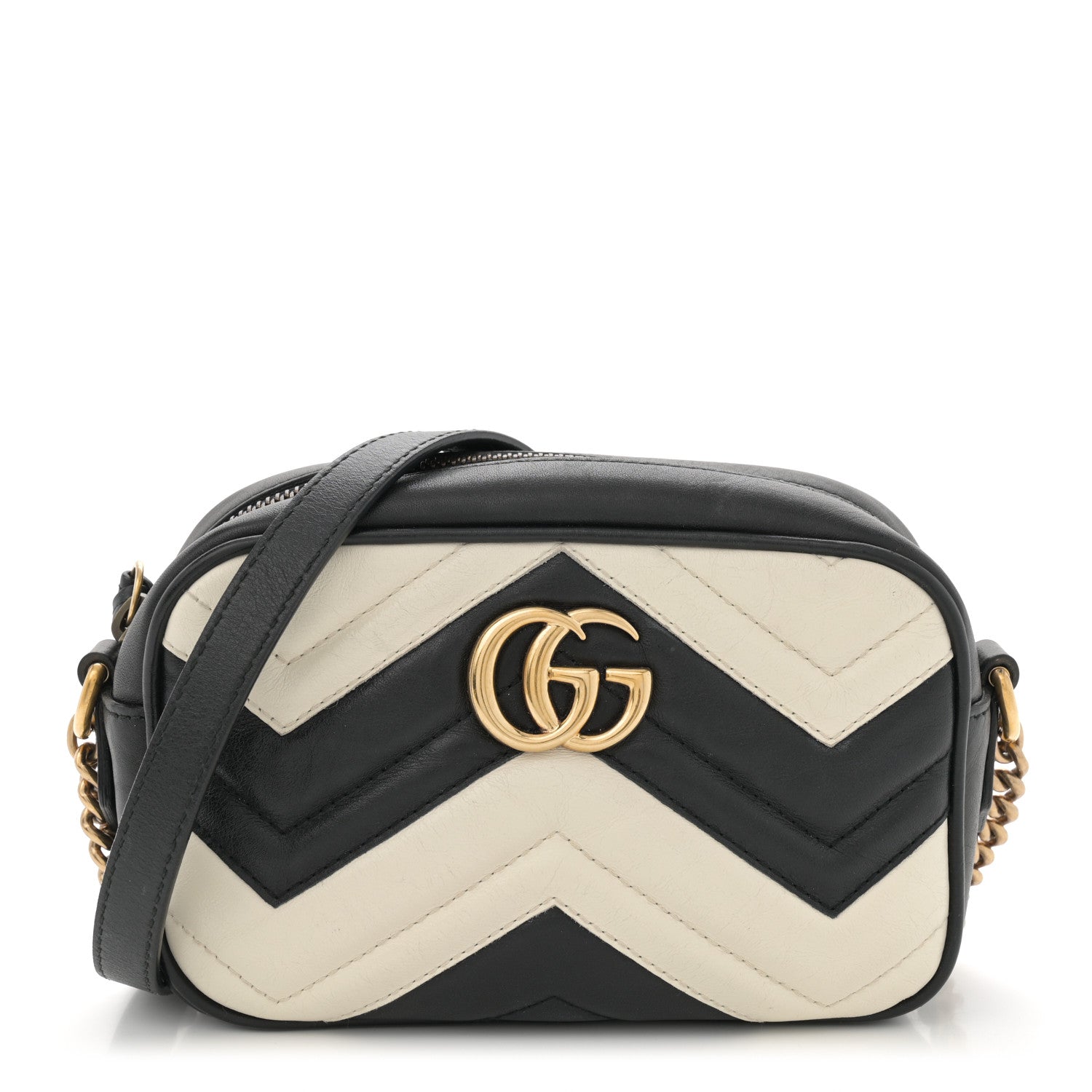 Gucci Calfskin Matelasse Mini GG Marmont Chain Shoulder Bag Black White 1 of 12
