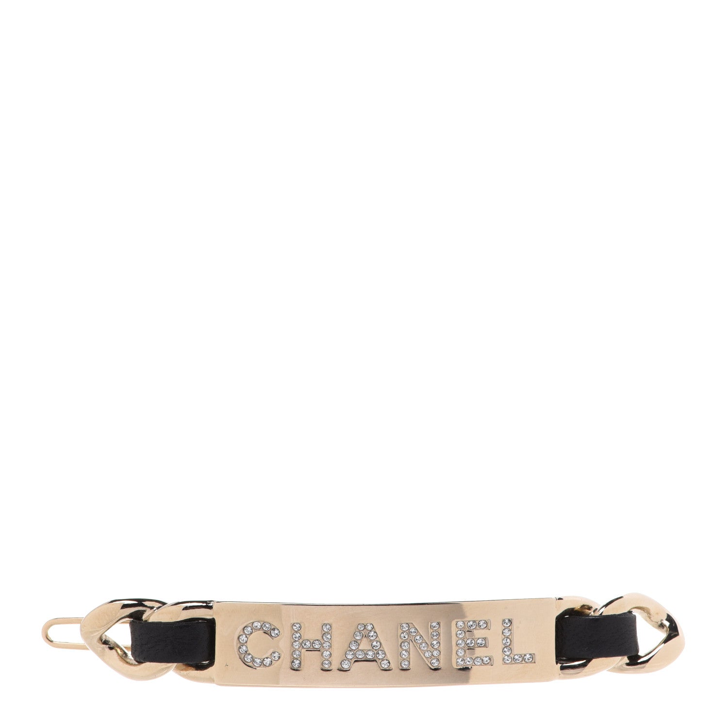 Chanel Metal Lambskin Strass Sergeant Hair Clip Barrette Black Gold 1 of 4