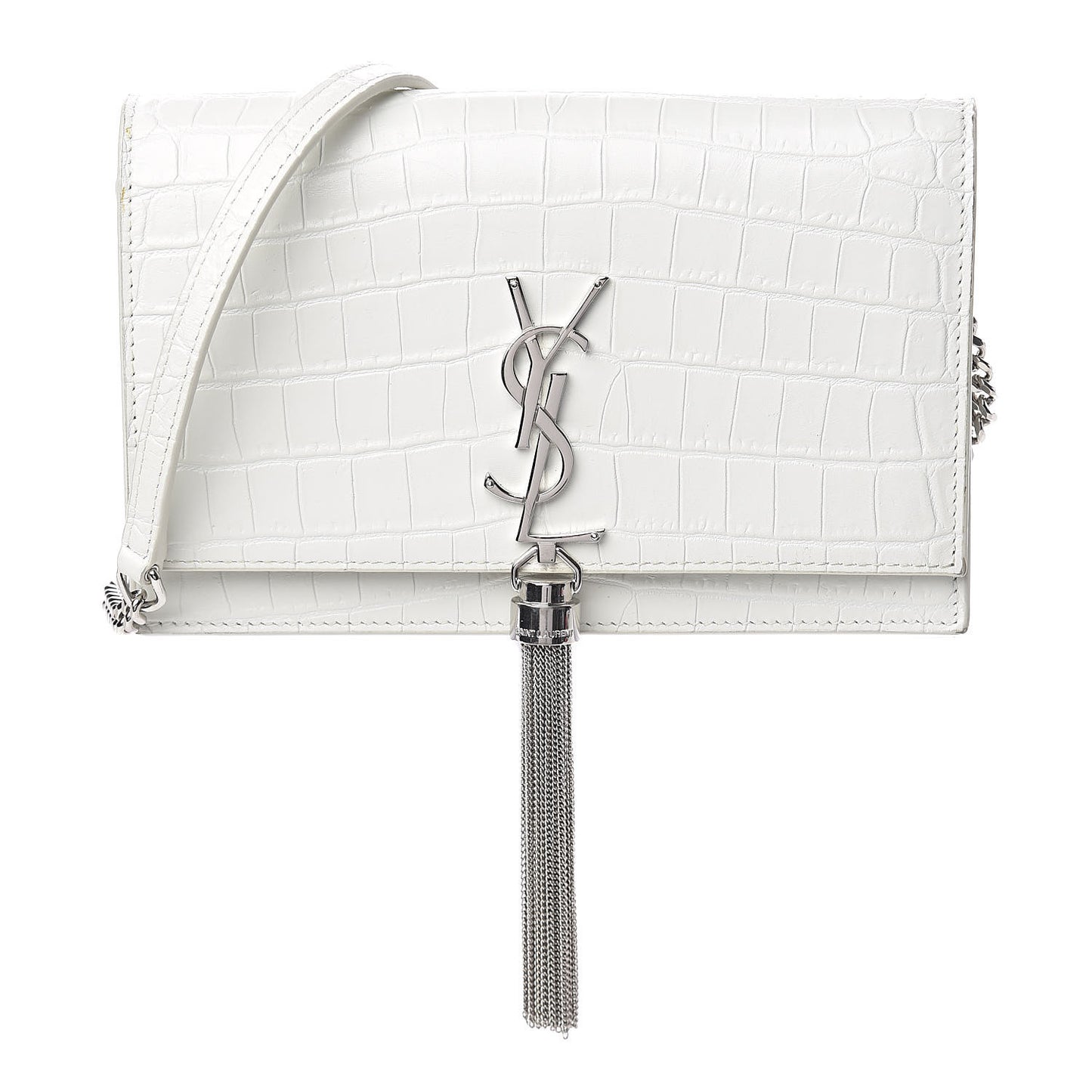 Calfskin Crocodile Embossed Kate Monogram Tassel Chain Wallet Cremasoft