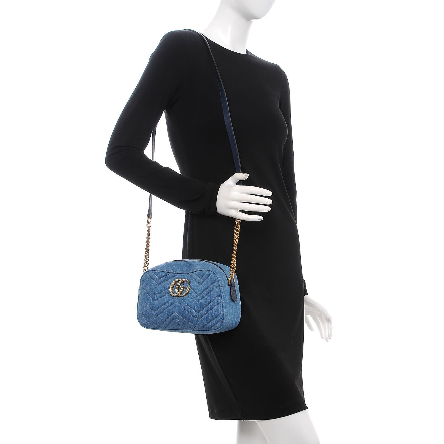 Gucci Denim Matelasse Small Pearly GG Marmont Chain Shoulder Bag Blue 2 of 8