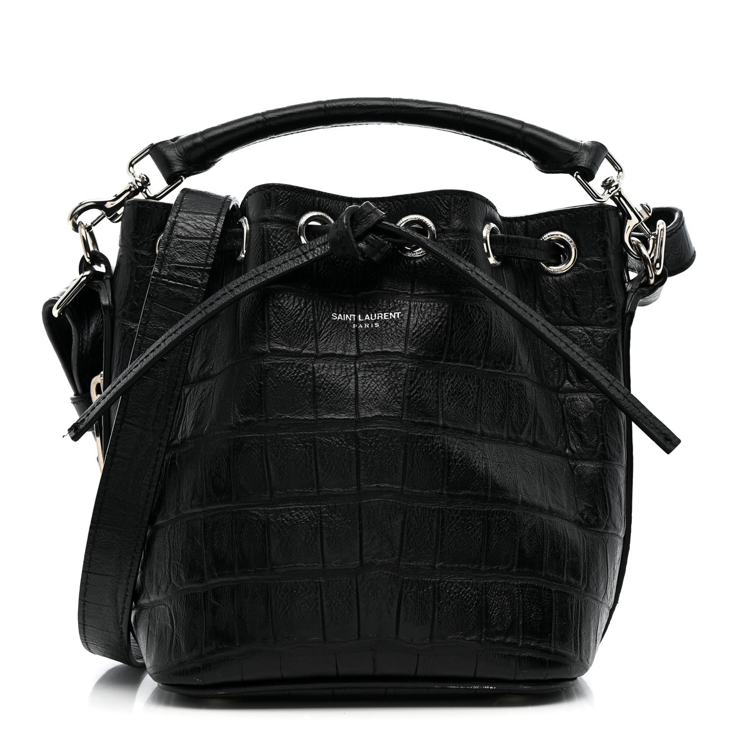 Calfskin Crocodile Embossed Small Emmanuelle Bucket Bag Black