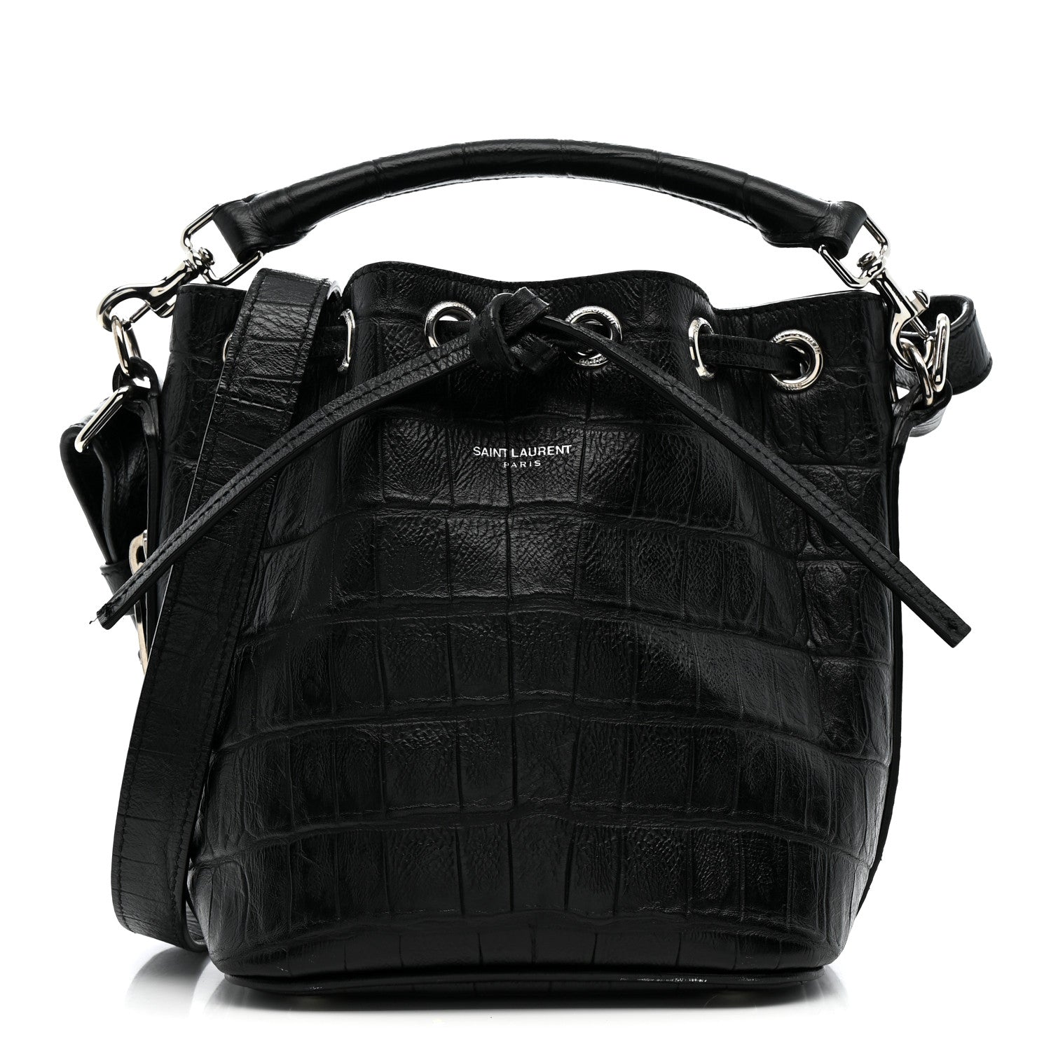 Saint Laurent Calfskin Crocodile Embossed Small Emmanuelle Bucket Bag Black 1 of 12