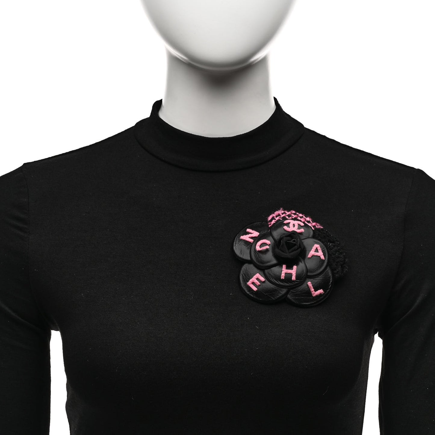 Lambskin Stitched Camellia CC Brooch Black Pink