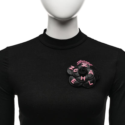 Chanel Lambskin Stitched Camellia CC Brooch Black Pink 2 of 5