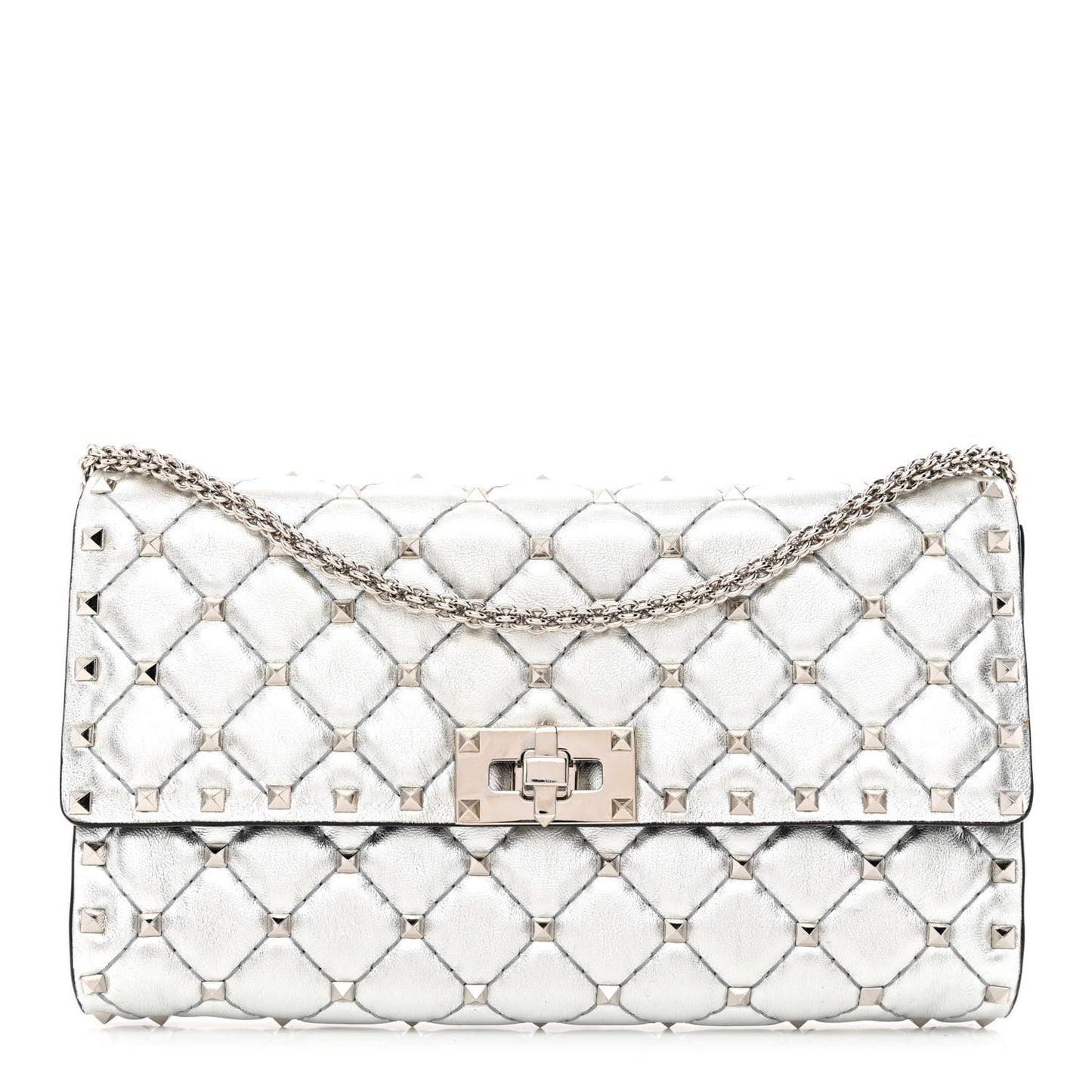 Metallic Lambskin Rockstud Spike Wallet on Chain Silver