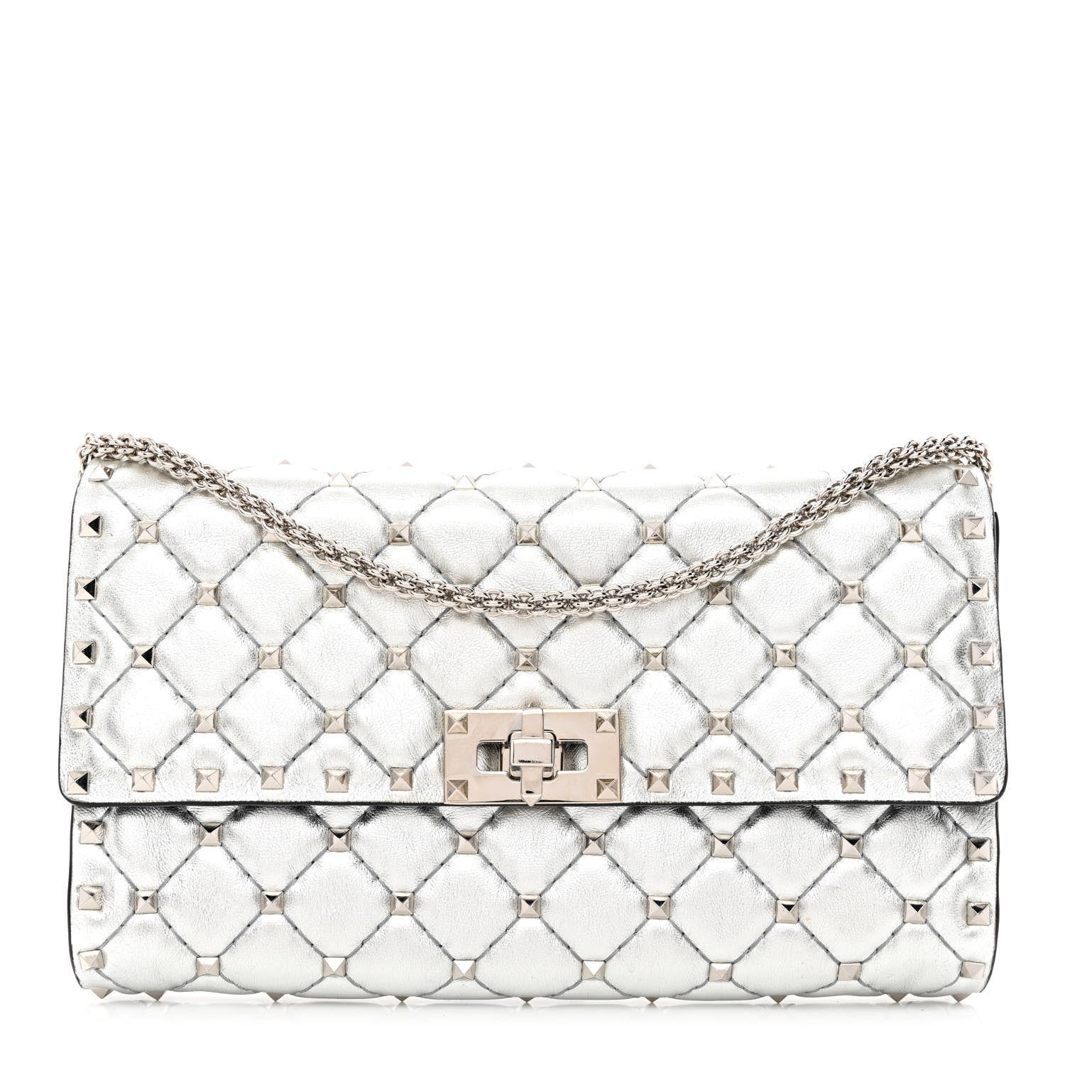 Valentino Garavani Metallic Lambskin Rockstud Spike Wallet on Chain Silver 1 of 11