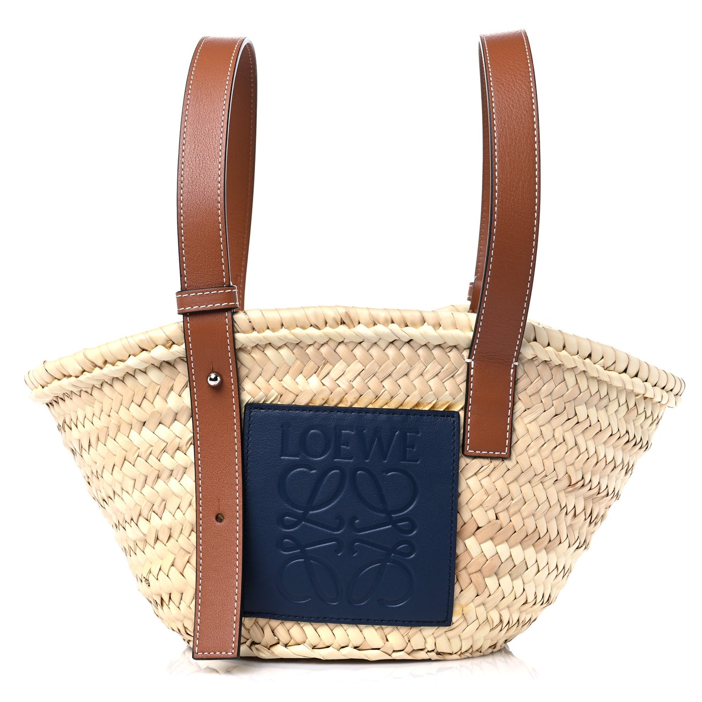 Raffia Small Basket Tote Bag Natural Tan Navy