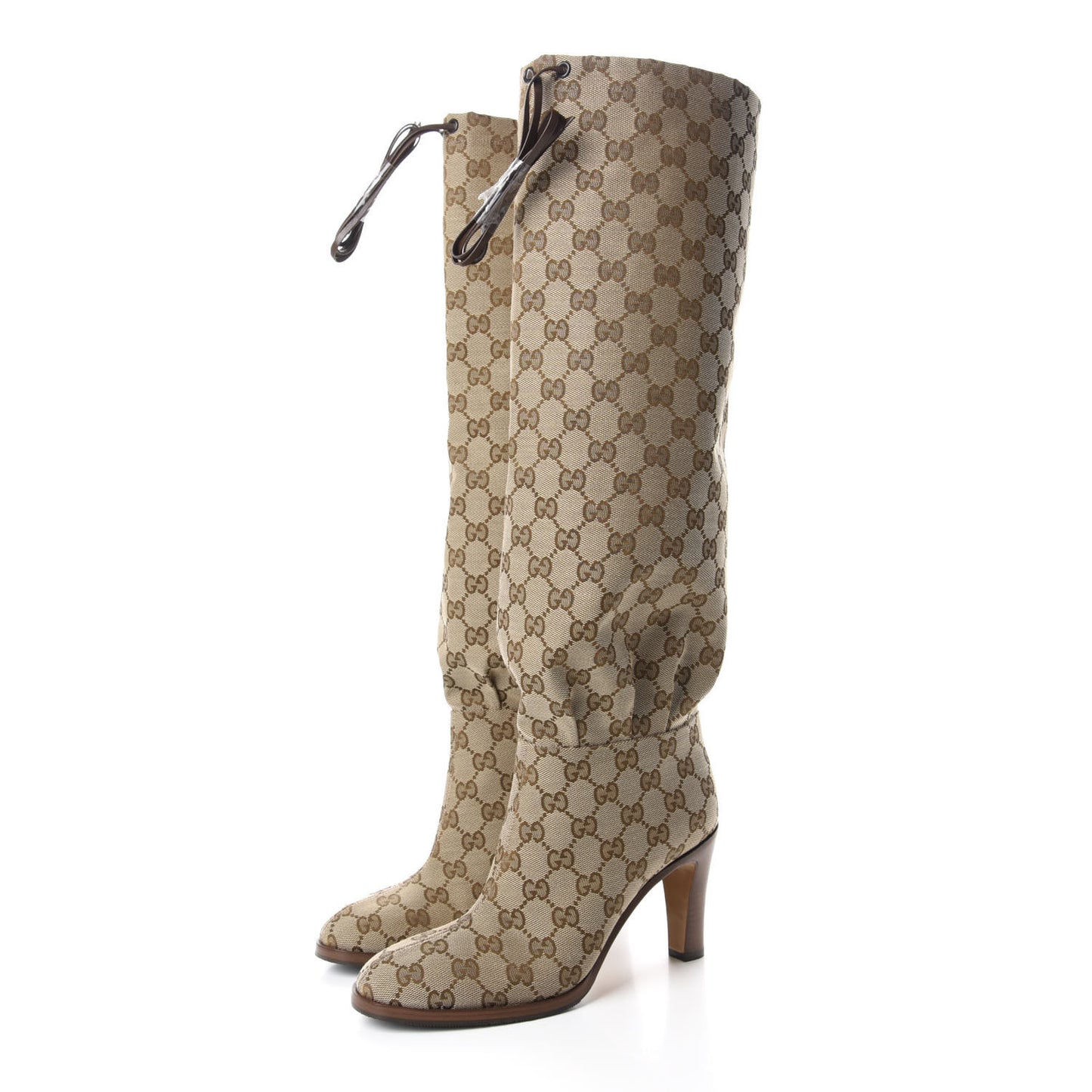 Monogram Malaga Kid Lisa Mid Heel Boots 37.5 Beige Ebony