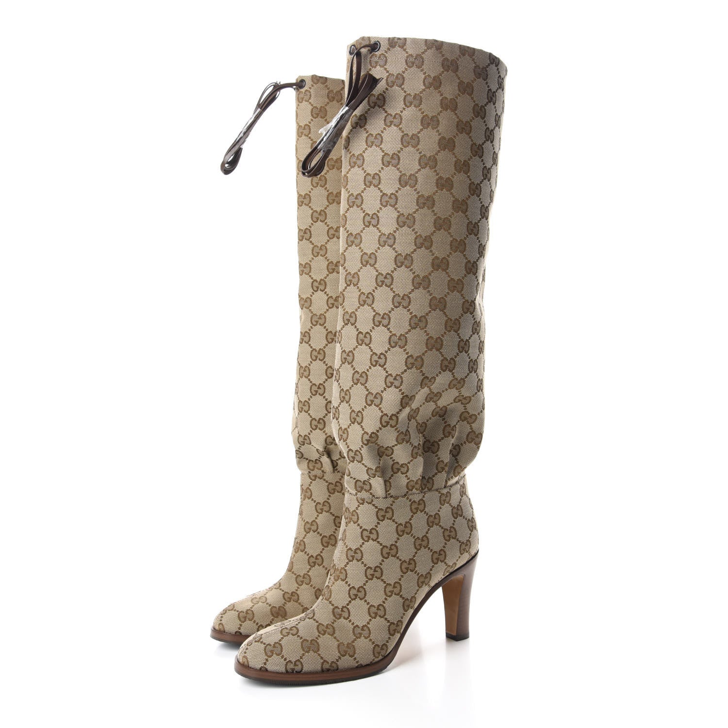 Gucci Monogram Malaga Kid Lisa Mid Heel Boots 37.5 Beige Ebony 3 of 9