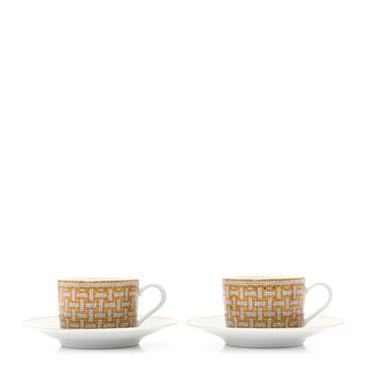 Hermes Porcelain Mosaique Au 24 Gold Tea Cup And Saucer Set Of 2 1 of 9