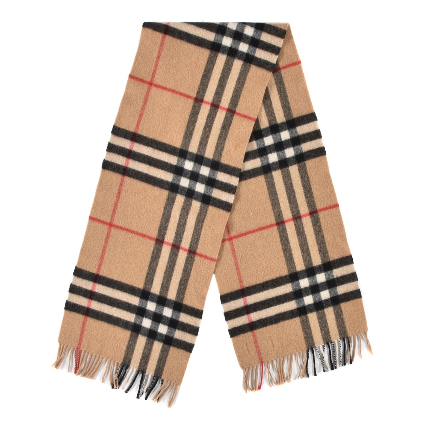 Cashmere Giant Check Fringe Scarf Camel