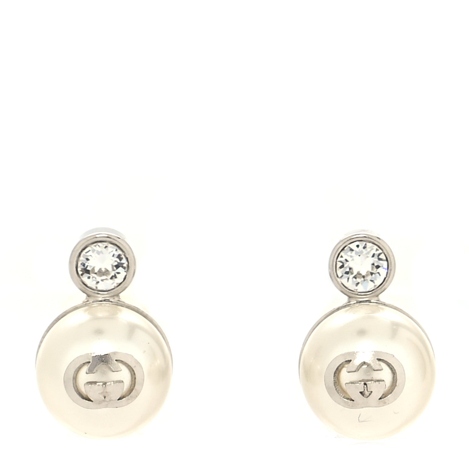 Gucci Metal Pearl Interlocking G Clip On Earrings Silver 1 of 4