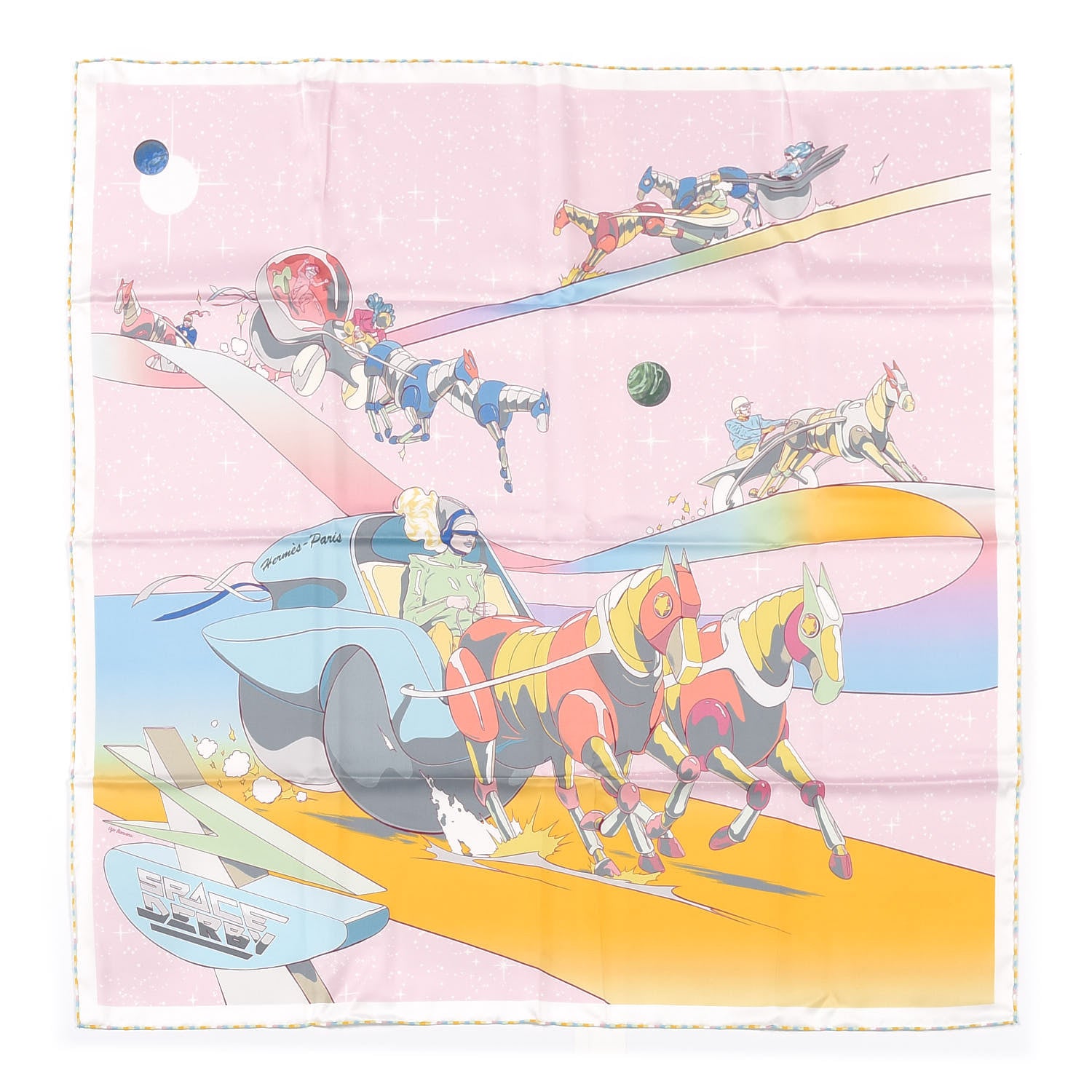 Hermes Silk Space Derby Scarf 90 Rose Pale Ciel Jaune 1 of 4
