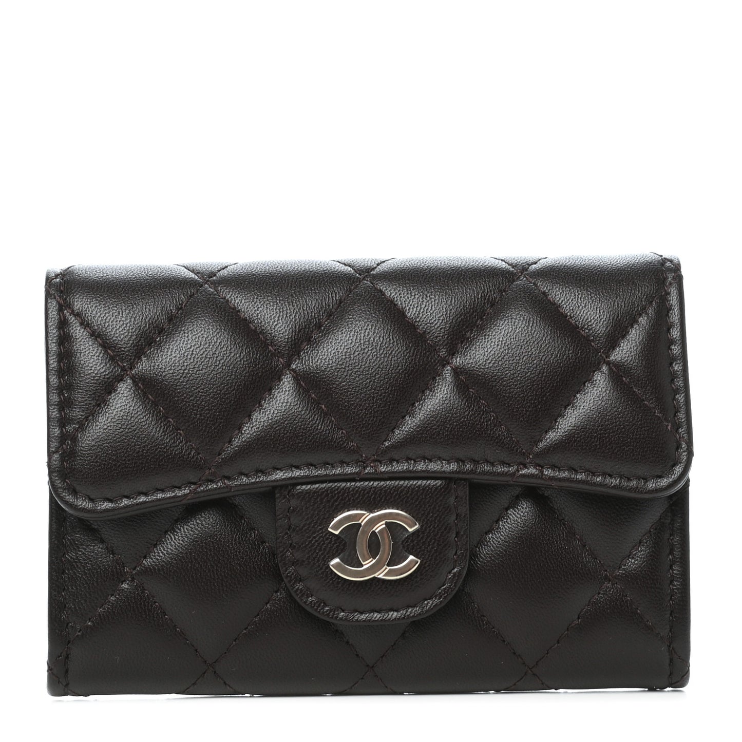 Lambskin Quilted Flap Card Holder Wallet Dark Brown