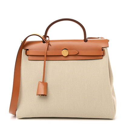 Hermes Military Toile Vache Hunter Herbag Zip Retourne 31 PM Beton Naturel 1 of 12