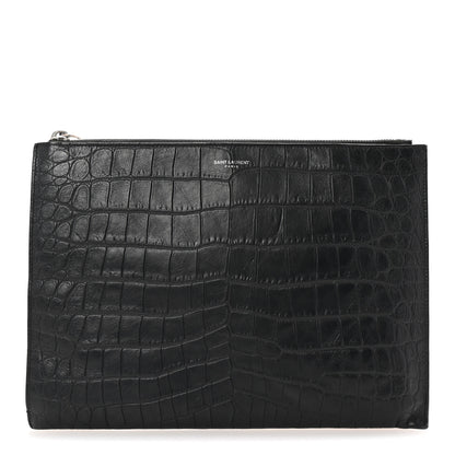 Saint Laurent Calfskin Crocodile Embossed Zipped Tablet Holder Black 1 of 7