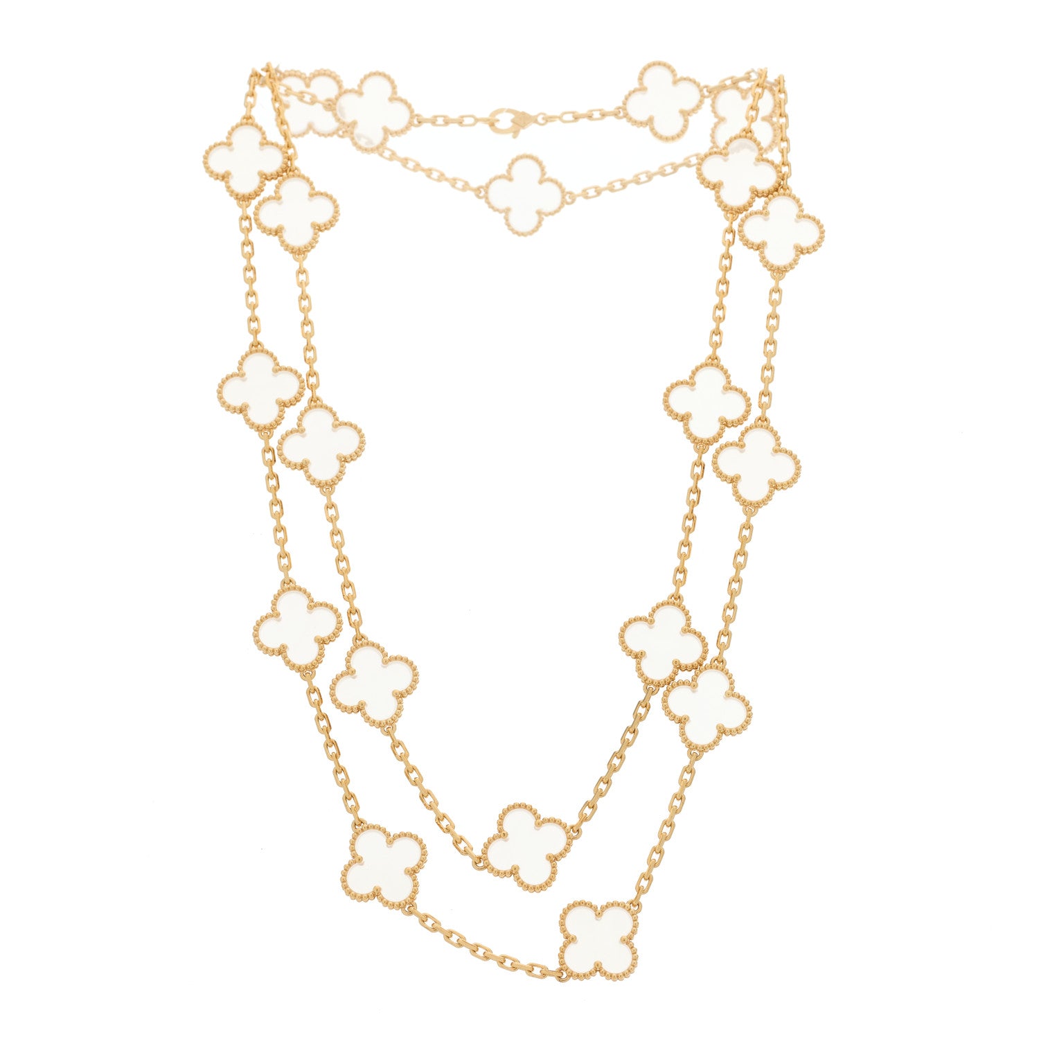 Van Cleef & Arpels 18K Yellow Gold Rock Crystal 20 Motifs Vintage Alhambra Necklace 1 of 4