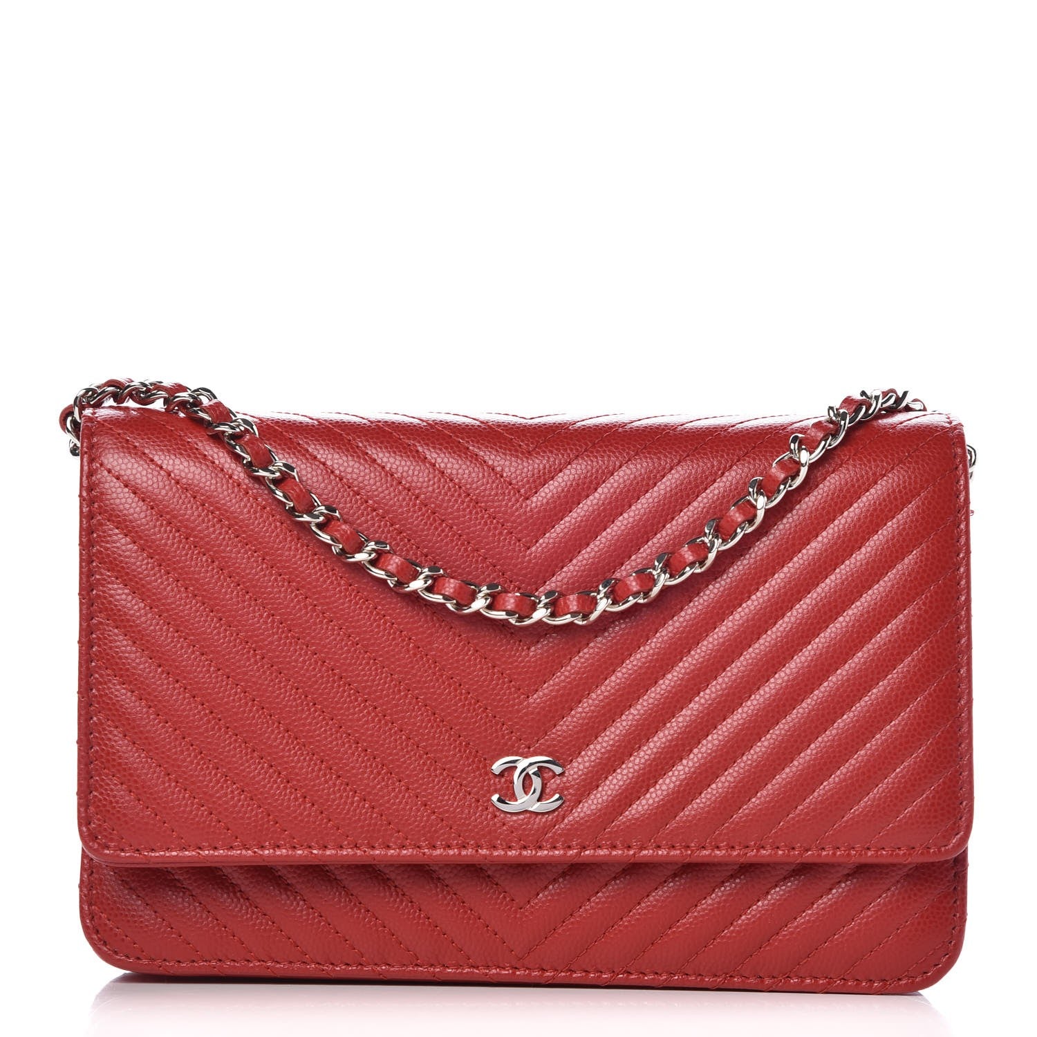 Chanel Caviar Chevron Quilted Wallet On Chain WOC Red 1 of 9
