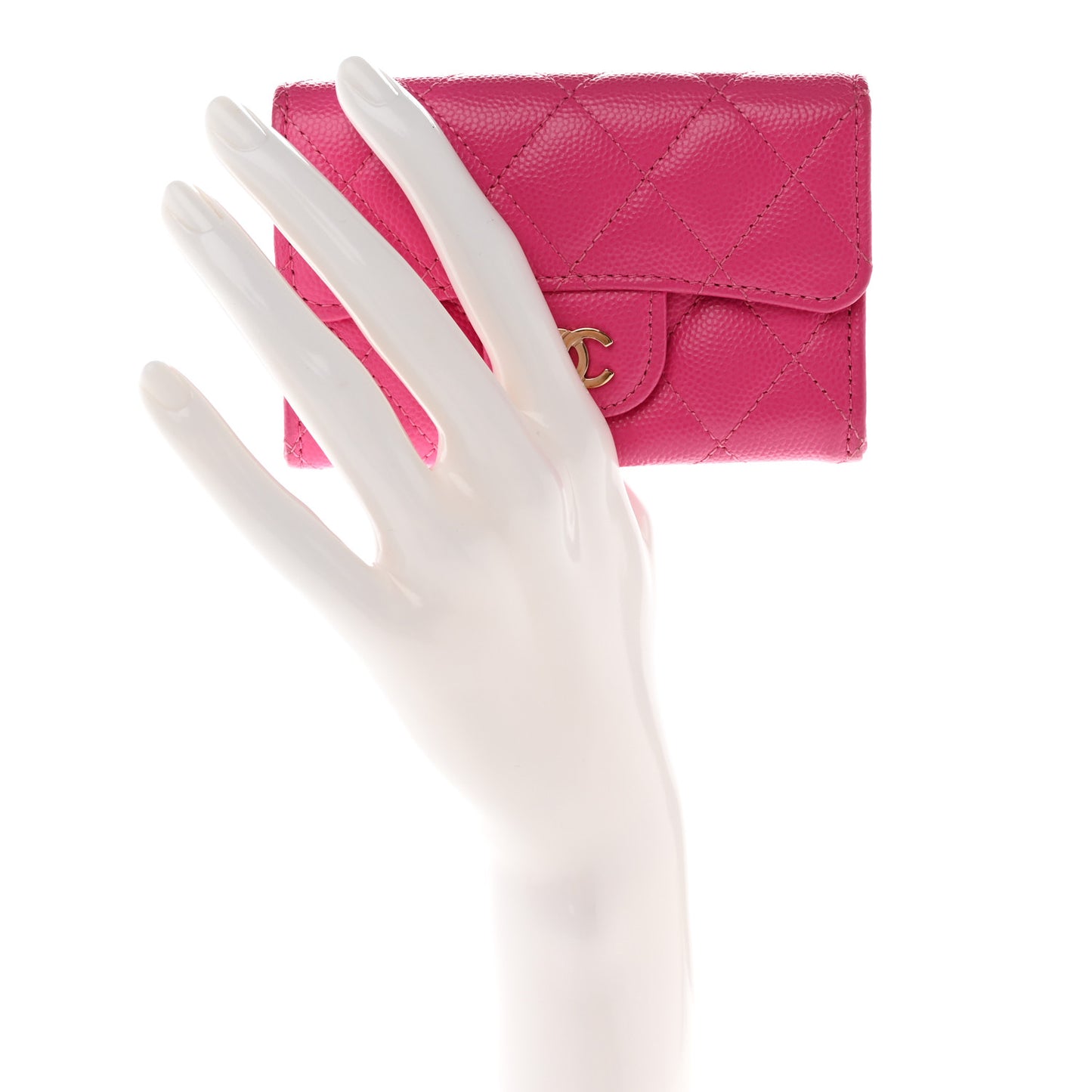 Caviar Quilted Flap Card Holder Wallet Dark Pink