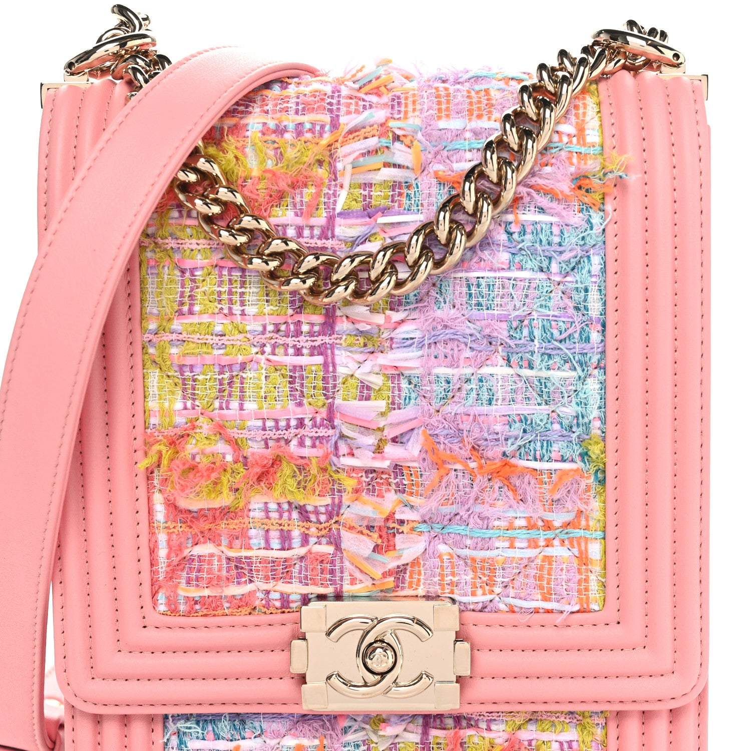 Chanel Calfskin Tweed Quilted North South Boy Flap Pink 8 of 11