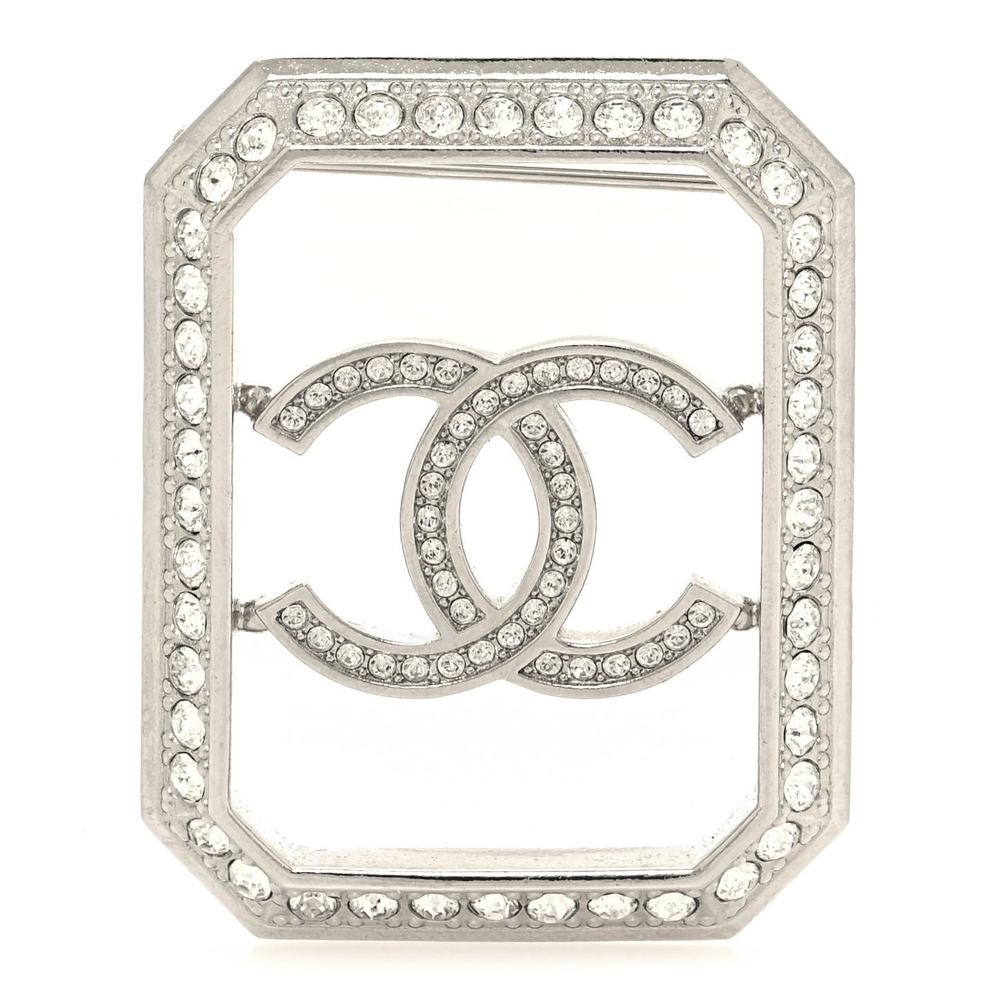 Metal Crystal Square CC Brooch Silver