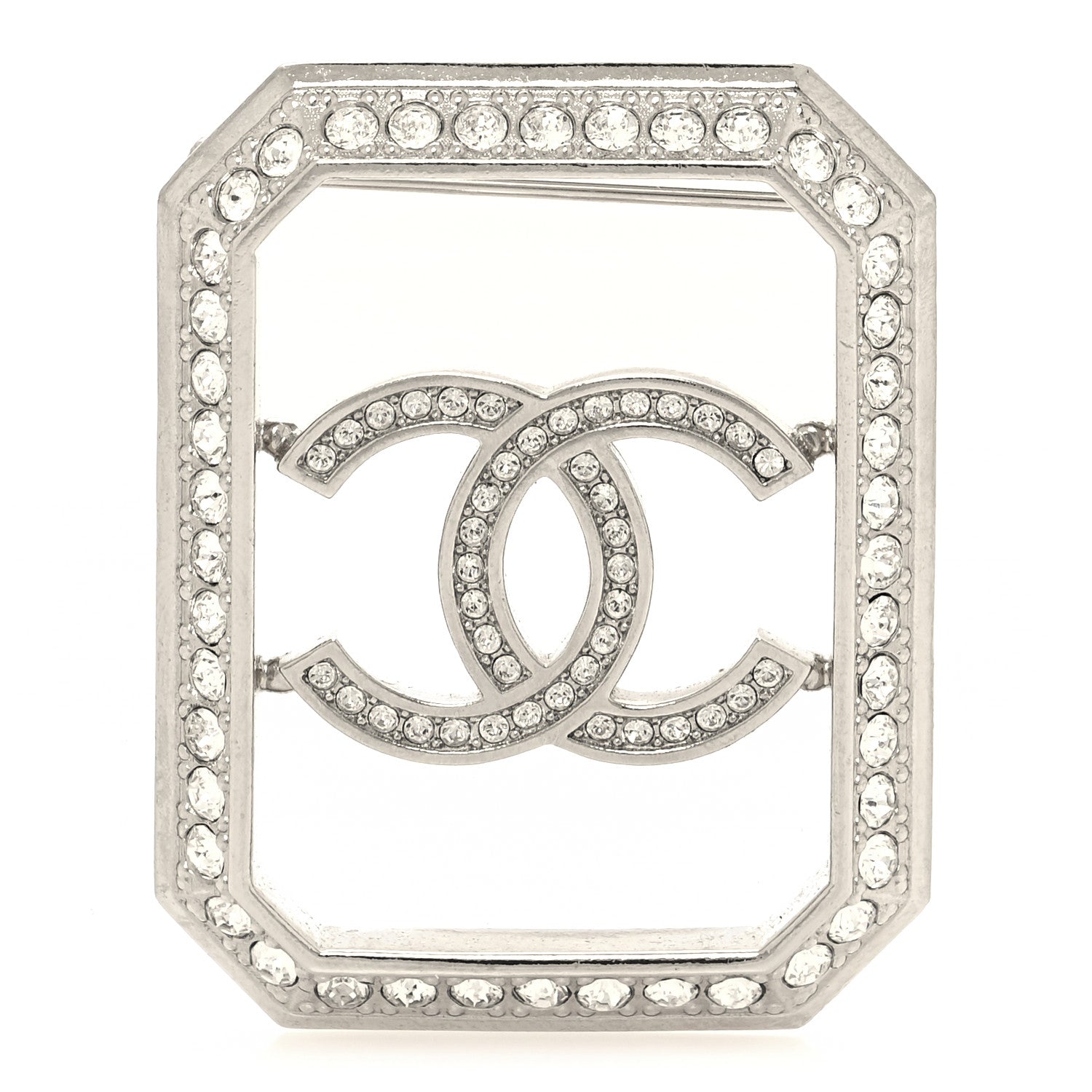 Chanel Metal Crystal Square CC Brooch Silver 1 of 3