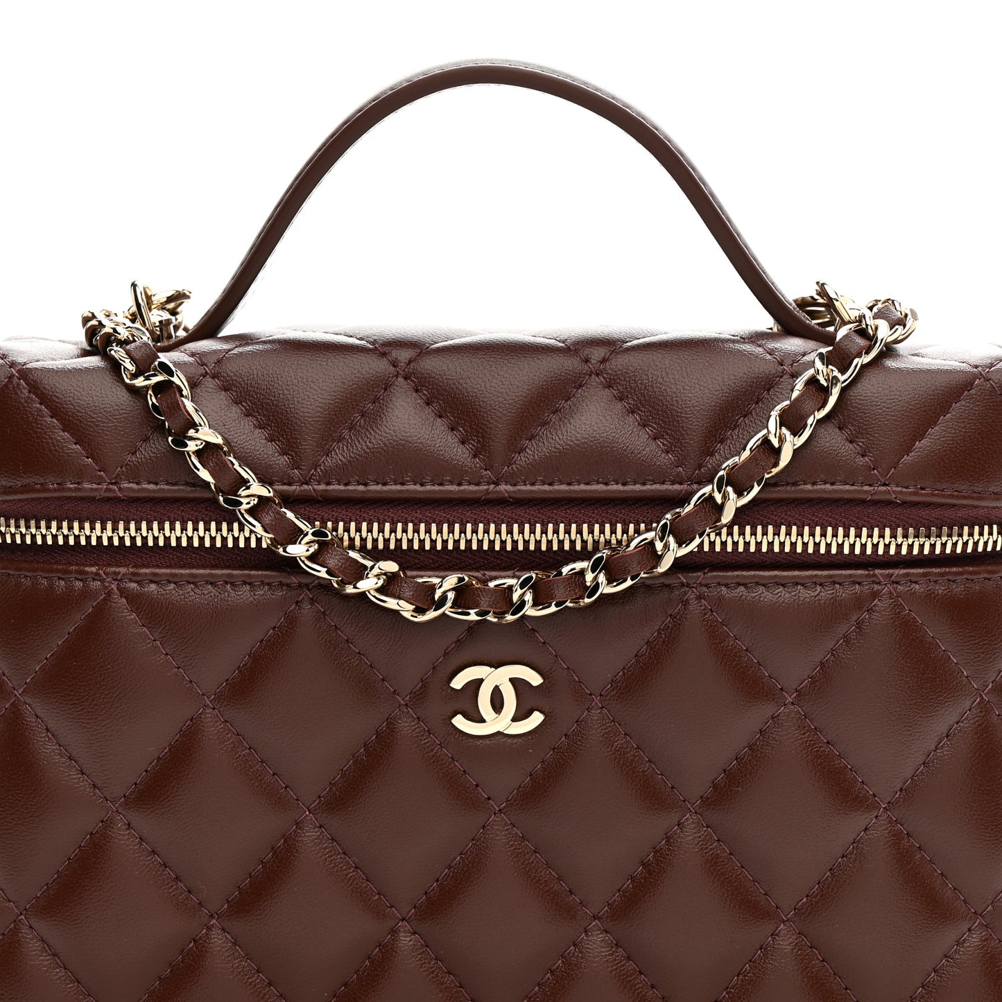 Lambskin Quilted Top Handle Slim Vanity With Chain Dark Brown
