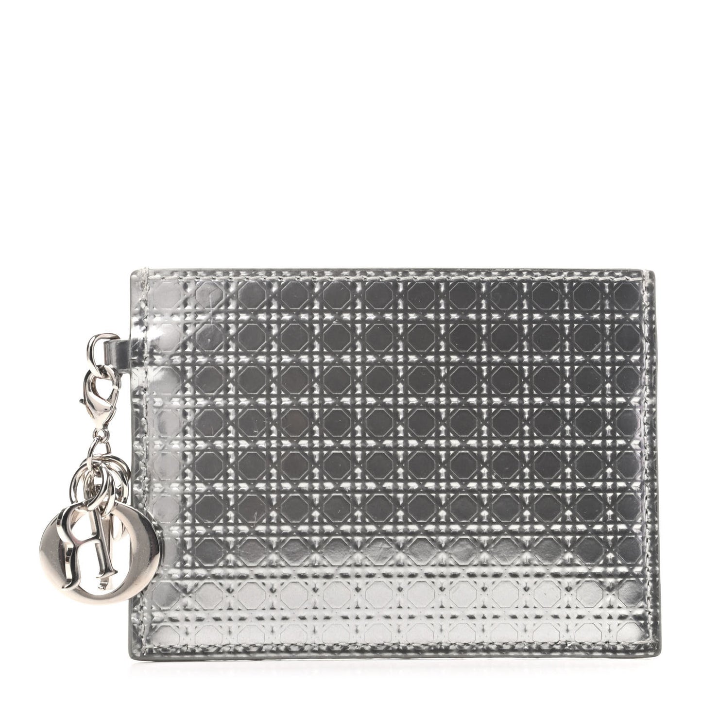 Metallic Patent Micro-Cannage Lady Dior Card Holder Silver