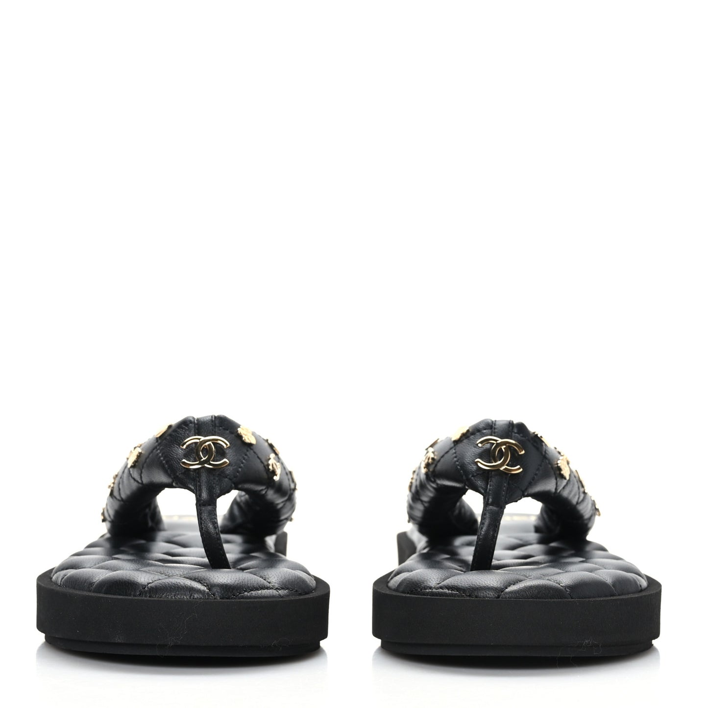 Lambskin Quilted Padded Charms Thong Sandals 39.5 Black