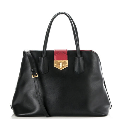 Prada Saffiano Cuir Bi-Color Double Handle Tote Black Fuoco 1 of 6