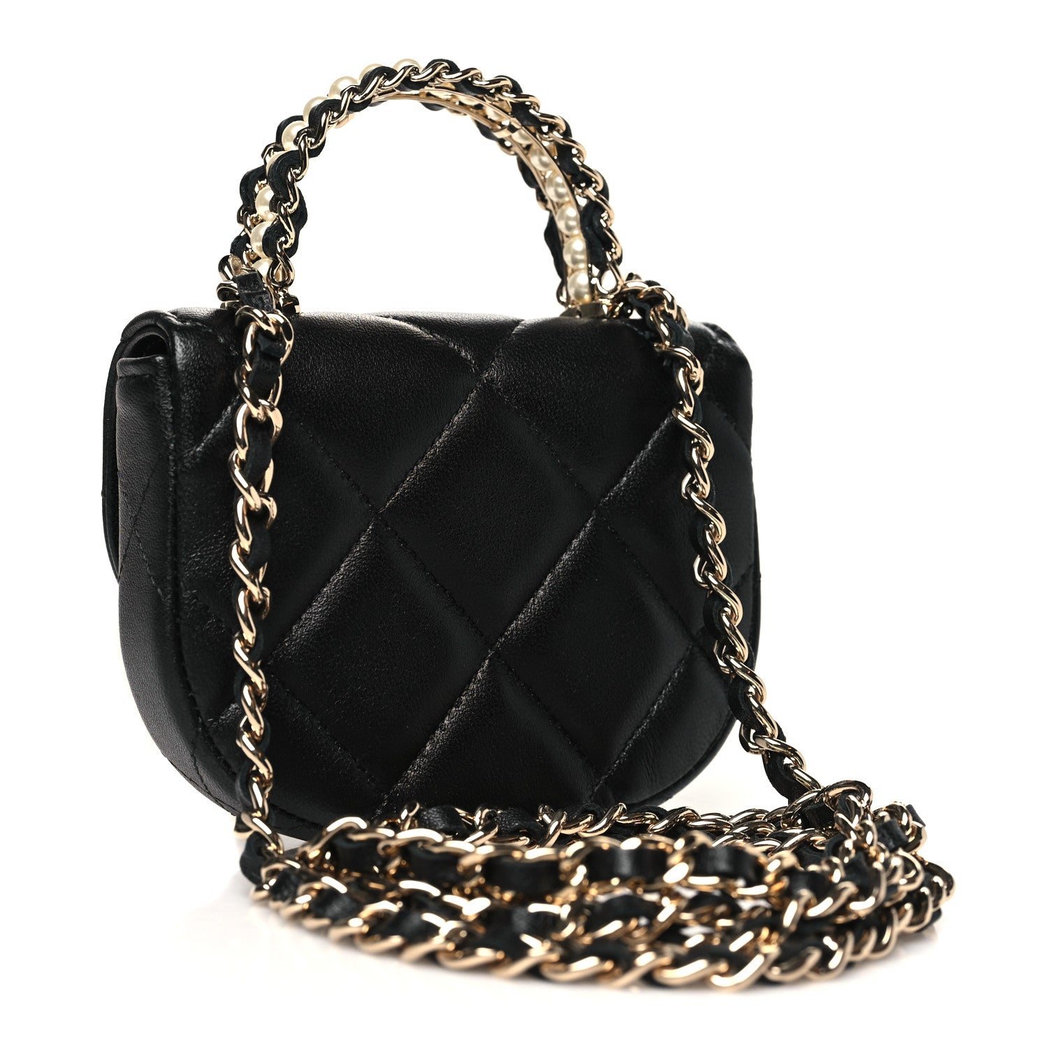 Chanel Lambskin Quilted Pearl Top Handle Clutch With Chain Black 3 of 12
