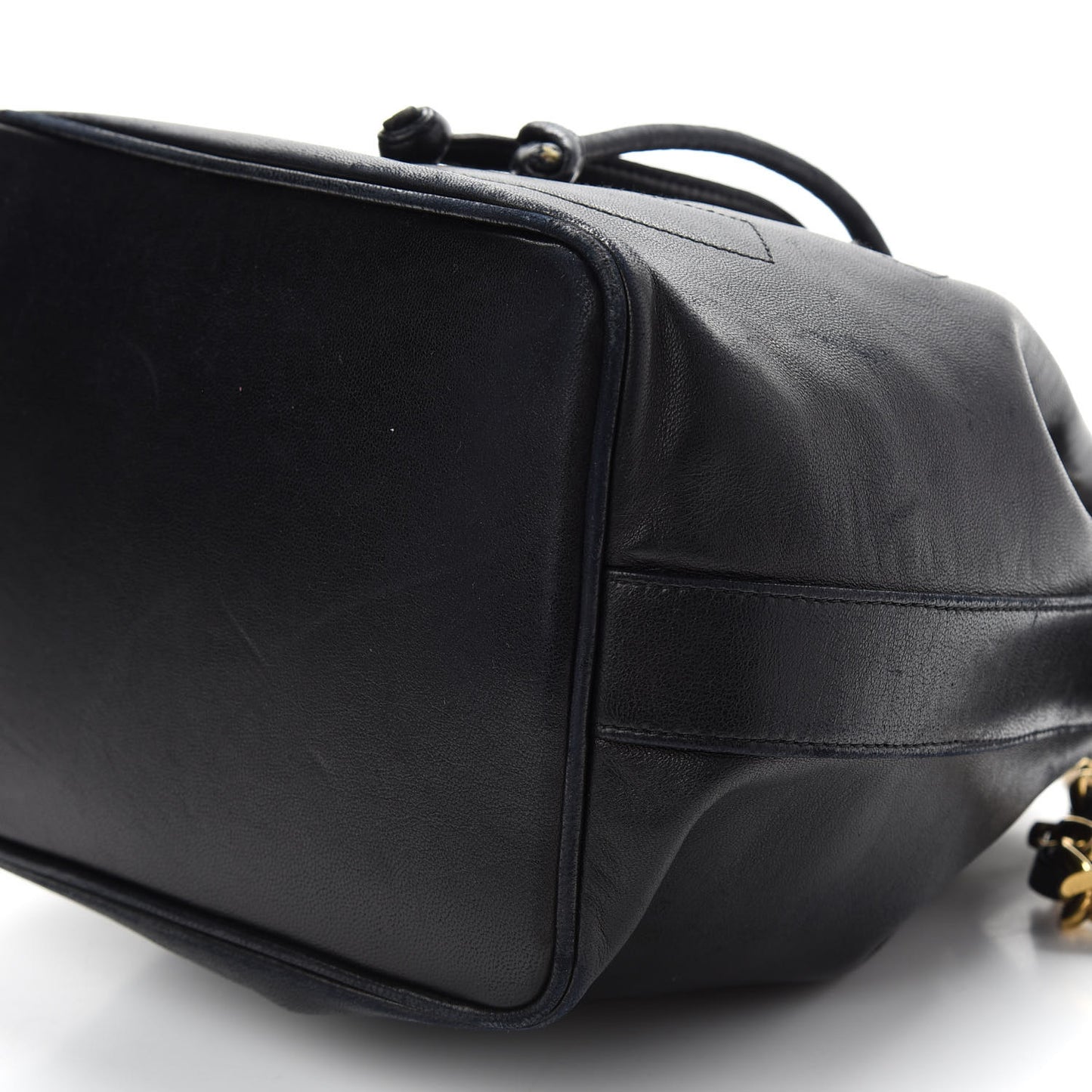 Lambskin CC Stitched Drawstring Bucket Bag Black