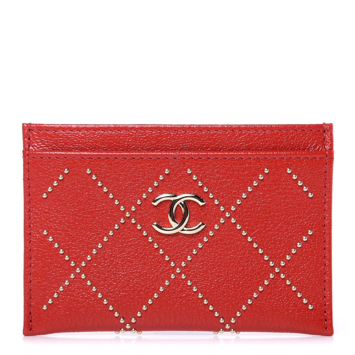 Shiny Lambskin Studded Rock The Diamond CC Card Holder Red
