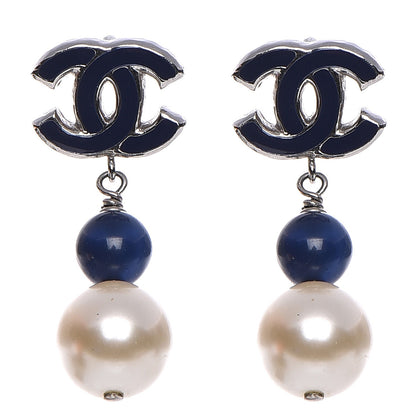 Chanel Enamel Pearl Bead CC Drop Earrings Blue 1 of 4
