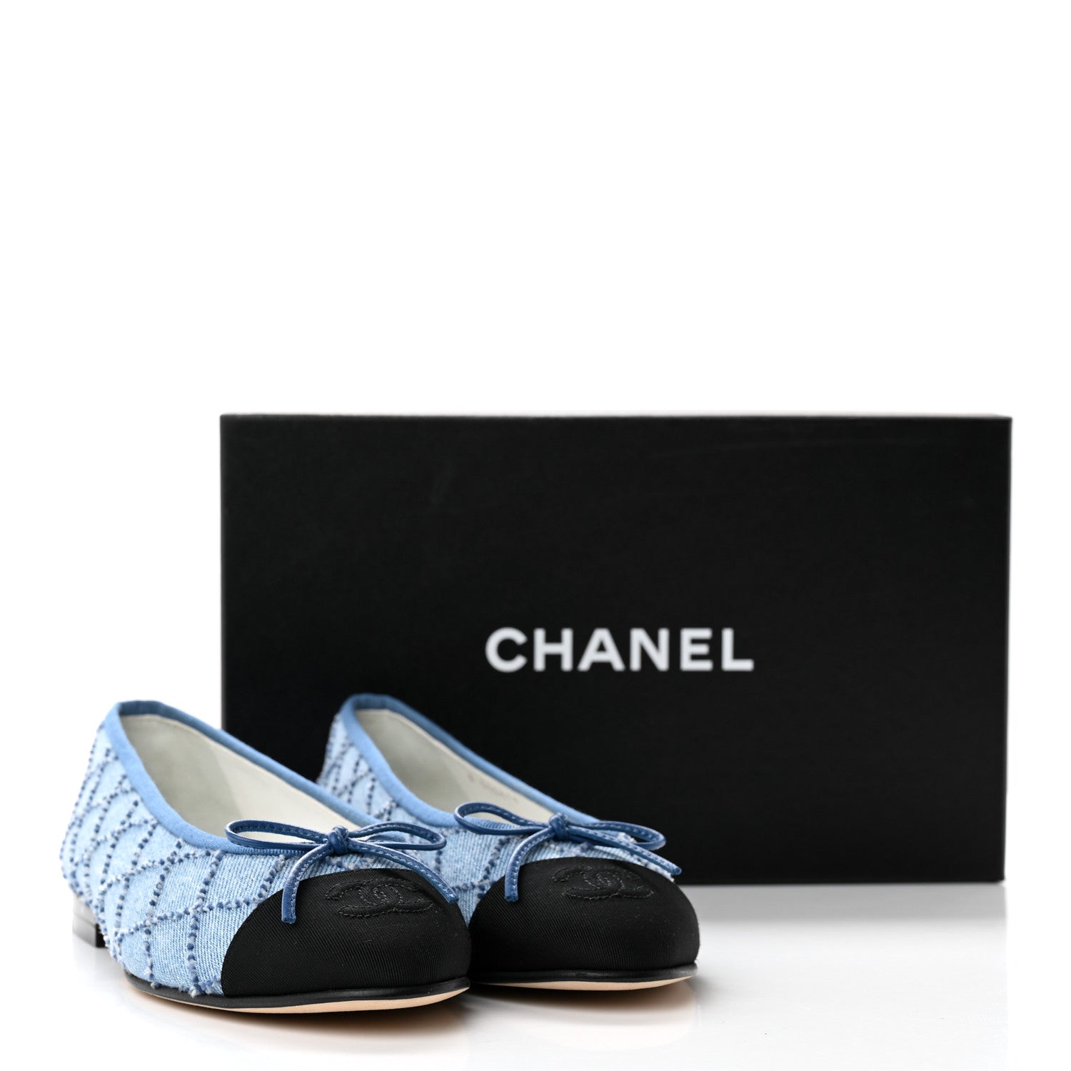 Chanel Denim Embroidered Grosgrain CC Cap Toe Ballerina Flats 37 Blue Black 9 of 9