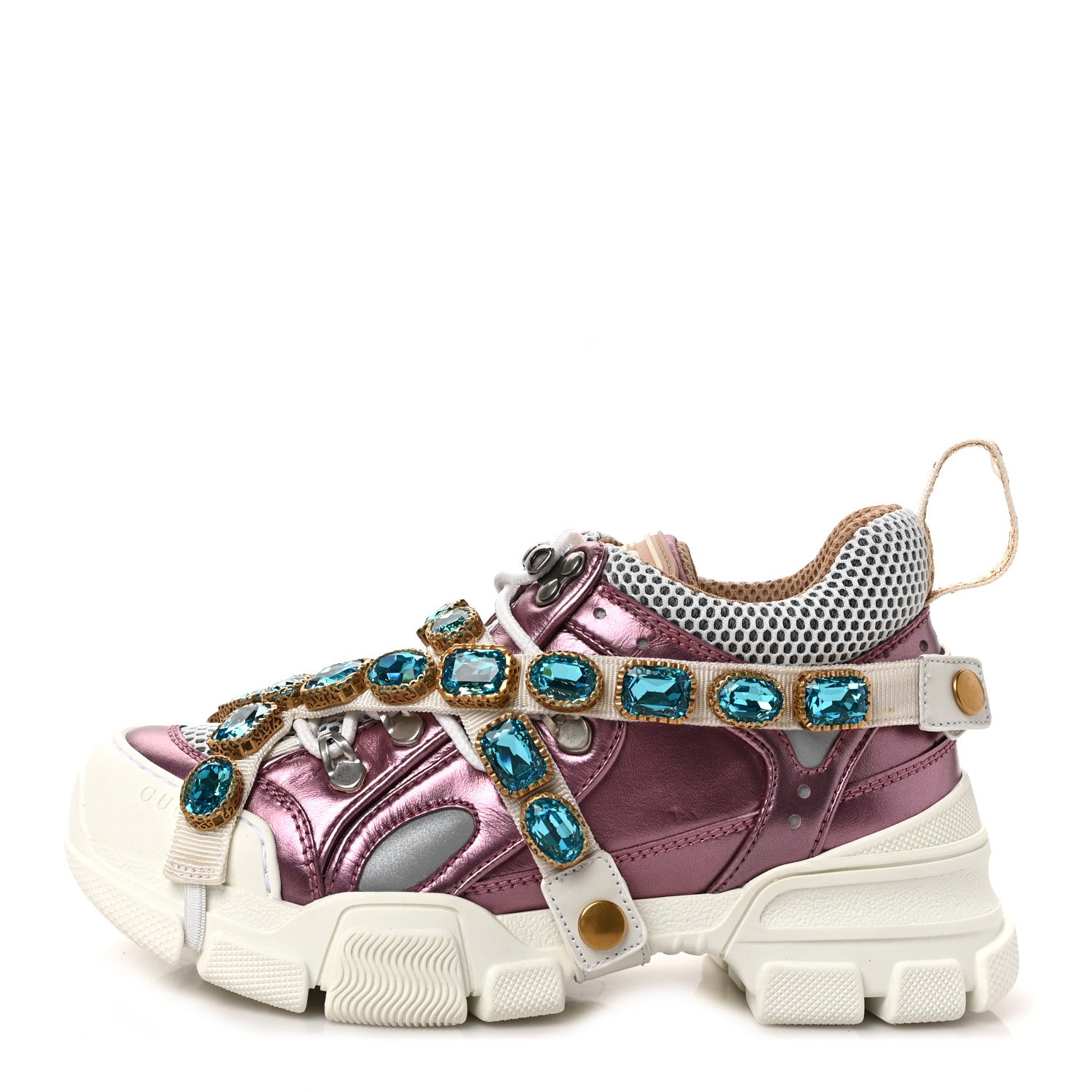 Gucci X SEGA Metallic Calfskin Mesh Removable Crystals Womens Flashtrek Sneakers 35.5 Rosa Great 35.5 White Silver 1 of 9