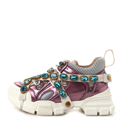 Gucci X SEGA Metallic Calfskin Mesh Removable Crystals Womens Flashtrek Sneakers 35.5 Rosa Great 35.5 White Silver 1 of 9