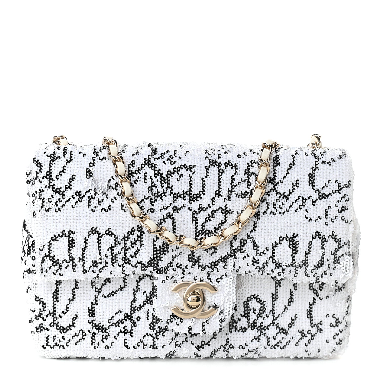 Chanel Sequin Logo Mini Rectangular Flap White Black 1 of 9
