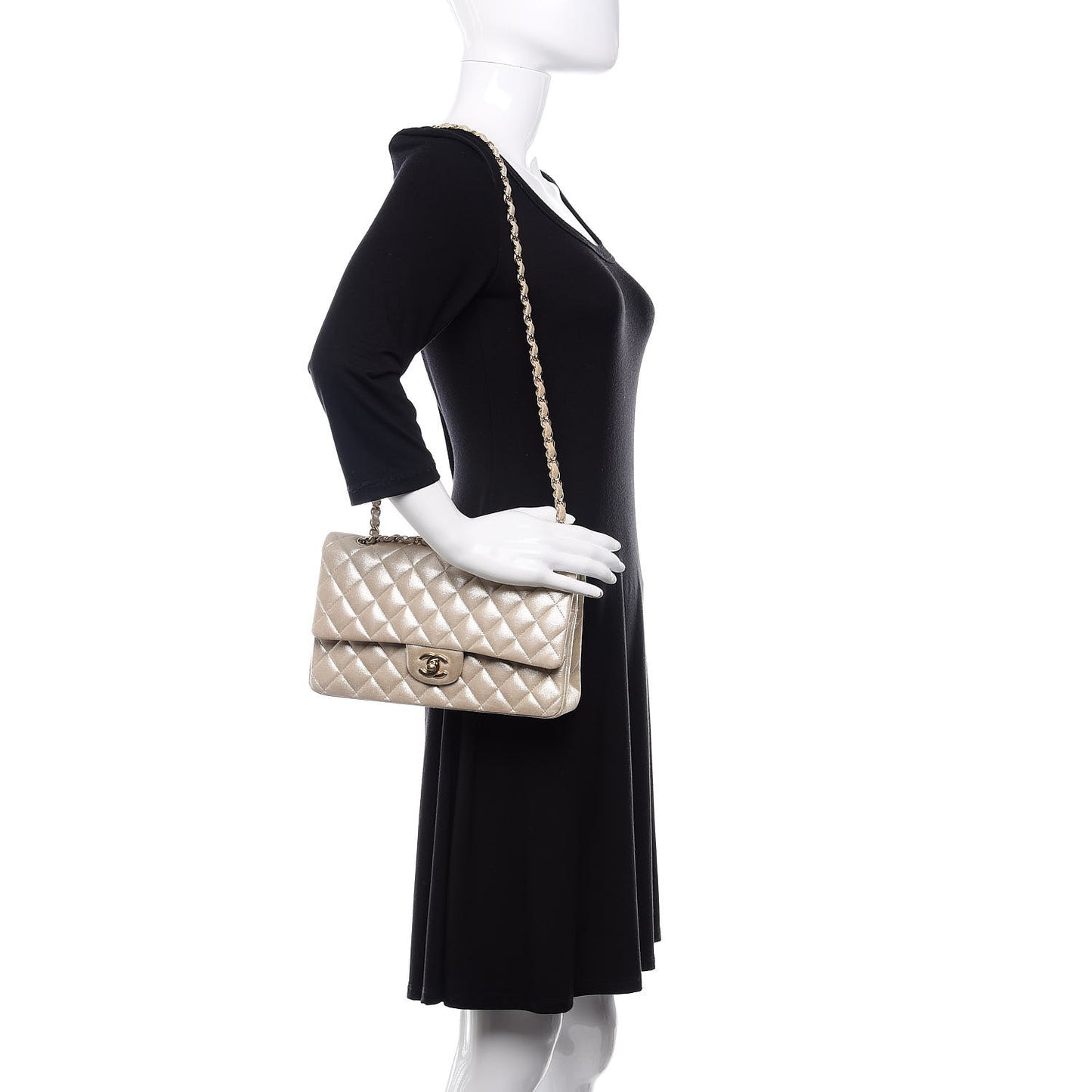 Iridescent Calfskin Quilted Medium Double Flap Silver