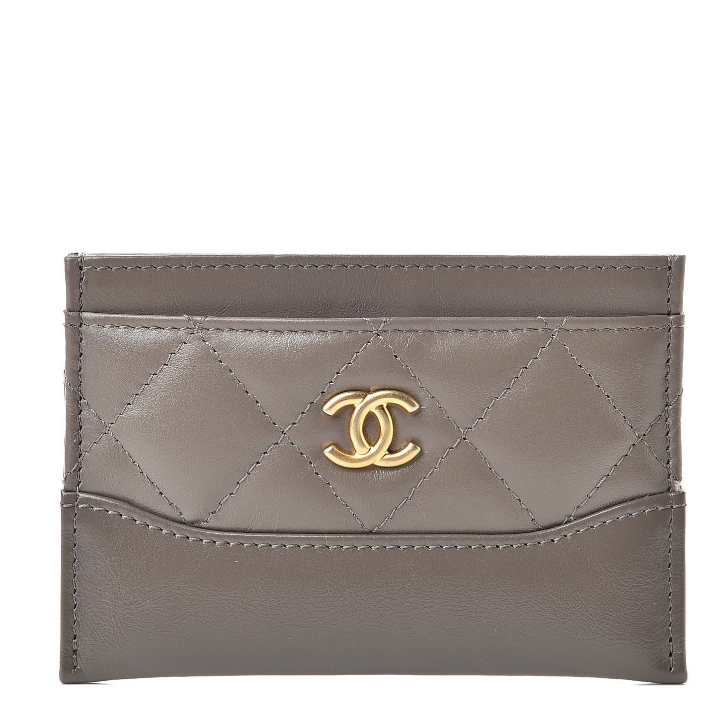 Aged Calfskin Quilted Gabrielle Card Holder Wallet Grey