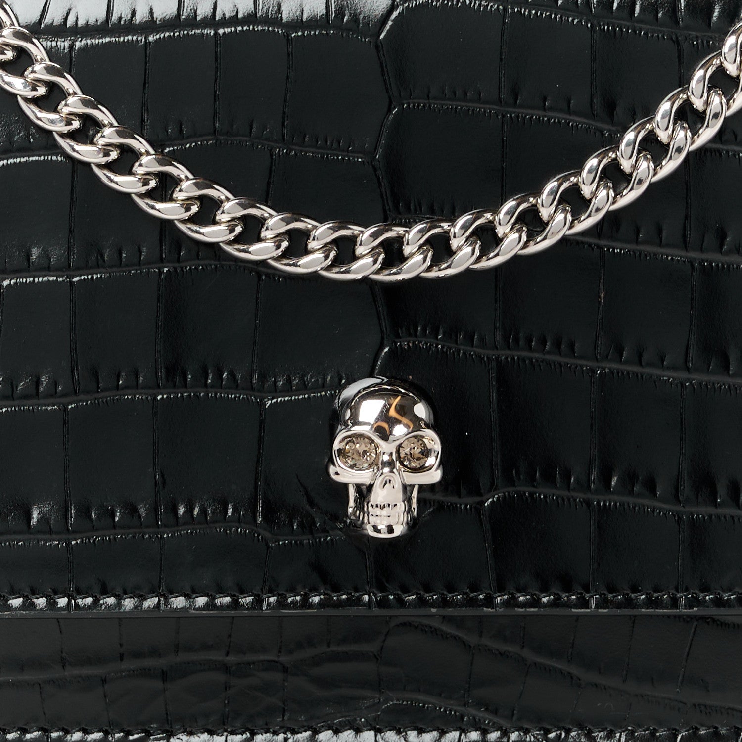 Alexander McQueen Calfskin Crocodile Embossed Skull Mini Crossbody Bag Black 9 of 11