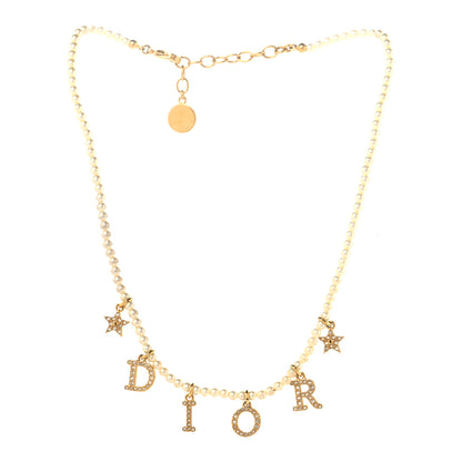 Christian Dior Pearl Crystal Star Logo Charm Necklace Gold 3 of 5