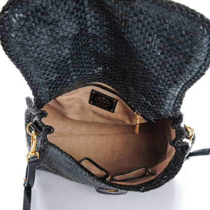 Prada Goatskin Woven Top Handle Satchel Baltico Black 5 of 7