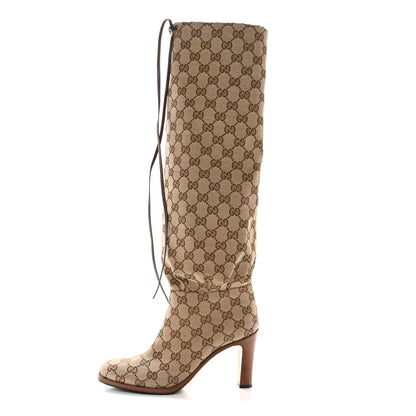 Gucci Monogram Malaga Kid Lisa Mid Heel Boots 37 Beige Ebony 1 of 8