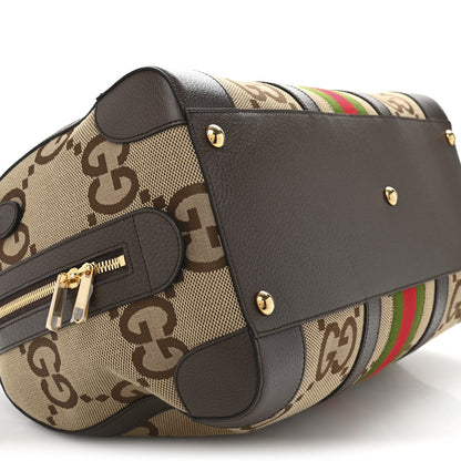 Gucci Monogram Jumbo GG Textured Dollar Calfskin Web Medium Duffle Bag Camel Ebony 8 of 12